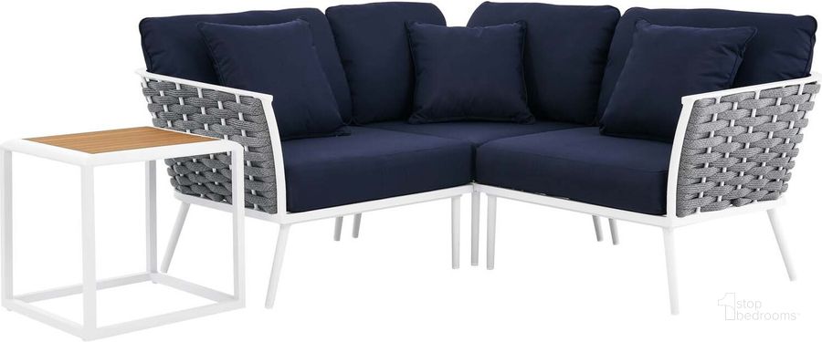 The appearance of Stance 4 Piece Outdoor Patio Aluminum Sectional Sofa Set In White Navy designed by Modway in the modern / contemporary interior design. This white navy piece of furniture  was selected by 1StopBedrooms from Stance Collection to add a touch of cosiness and style into your home. Sku: EEI-5755-WHI-NAV. Material: Aluminium. Product Type: Outdoor Sectional. Image1