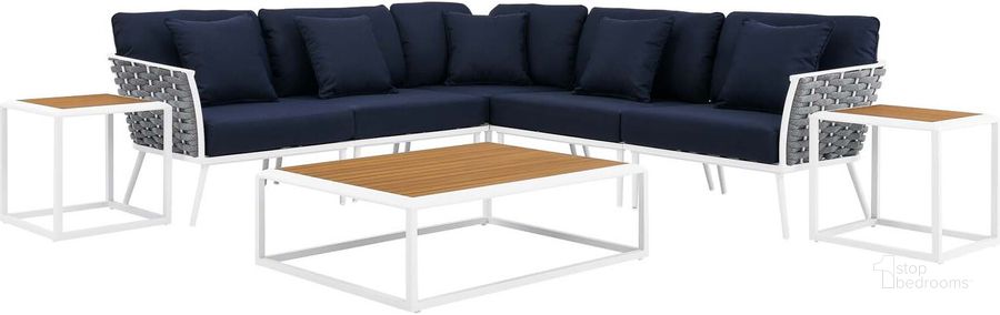 The appearance of Stance 8 Piece Outdoor Patio Aluminum Sectional Sofa Set In White Navy designed by Modway in the modern / contemporary interior design. This white navy piece of furniture  was selected by 1StopBedrooms from Stance Collection to add a touch of cosiness and style into your home. Sku: EEI-5757-WHI-NAV. Material: Aluminium. Product Type: Outdoor Sectional. Image1