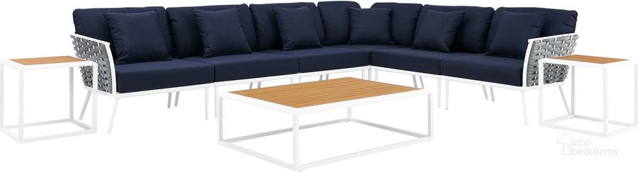 The appearance of Stance 9 Piece Aluminum Outdoor Patio Aluminum Sectional Sofa Set In White Navy designed by Modway in the modern / contemporary interior design. This white navy piece of furniture  was selected by 1StopBedrooms from Stance Collection to add a touch of cosiness and style into your home. Sku: EEI-5758-WHI-NAV. Material: Aluminium. Product Type: Outdoor Sectional. Image1