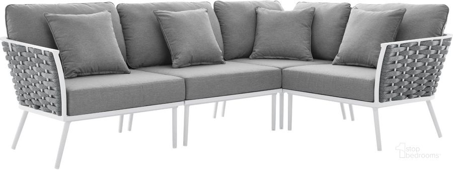 The appearance of Stance Outdoor Patio Aluminum Large Sectional Sofa In Grey designed by Modway in the modern / contemporary interior design. This gray piece of furniture  was selected by 1StopBedrooms from Stance Collection to add a touch of cosiness and style into your home. Sku: EEI-5753-WHI-GRY. Material: Aluminium. Product Type: Outdoor Sectional. Image1