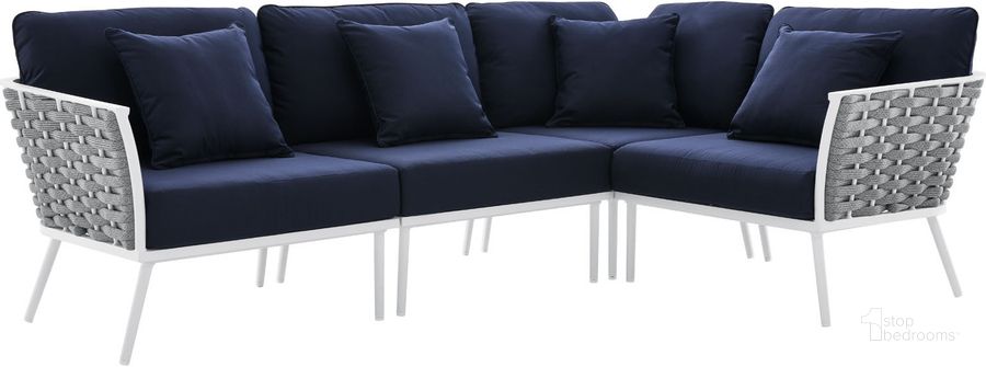 The appearance of Stance Outdoor Patio Aluminum Large Sectional Sofa In White Navy designed by Modway in the modern / contemporary interior design. This white navy piece of furniture  was selected by 1StopBedrooms from Stance Collection to add a touch of cosiness and style into your home. Sku: EEI-5753-WHI-NAV. Material: Aluminium. Product Type: Outdoor Sectional. Image1
