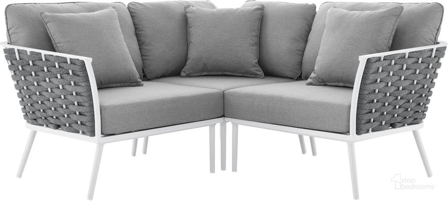 The appearance of Stance Outdoor Patio Aluminum Small Sectional Sofa In Grey designed by Modway in the modern / contemporary interior design. This gray piece of furniture  was selected by 1StopBedrooms from Stance Collection to add a touch of cosiness and style into your home. Sku: EEI-5752-WHI-GRY. Material: Aluminium. Product Type: Outdoor Sectional. Image1