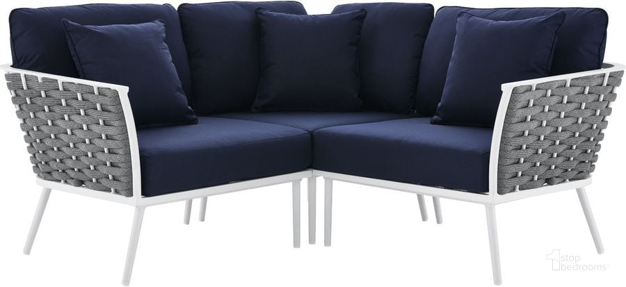 The appearance of Stance Outdoor Patio Aluminum Small Sectional Sofa In White Navy designed by Modway in the modern / contemporary interior design. This white navy piece of furniture  was selected by 1StopBedrooms from Stance Collection to add a touch of cosiness and style into your home. Sku: EEI-5752-WHI-NAV. Material: Aluminium. Product Type: Outdoor Sectional. Image1