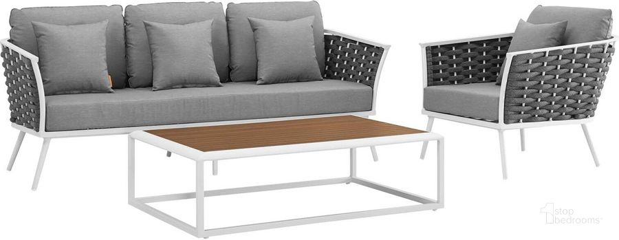 The appearance of Stance White and Gray 3 Piece Outdoor Patio Aluminum Sectional Sofa Set EEI-3166-WHI-GRY-SET designed by Modway in the modern / contemporary interior design. This white and gray piece of furniture  was selected by 1StopBedrooms from Stance Collection to add a touch of cosiness and style into your home. Sku: EEI-3166-WHI-GRY-SET. Product Type: Outdoor Sofa. Material: Foam. Image1