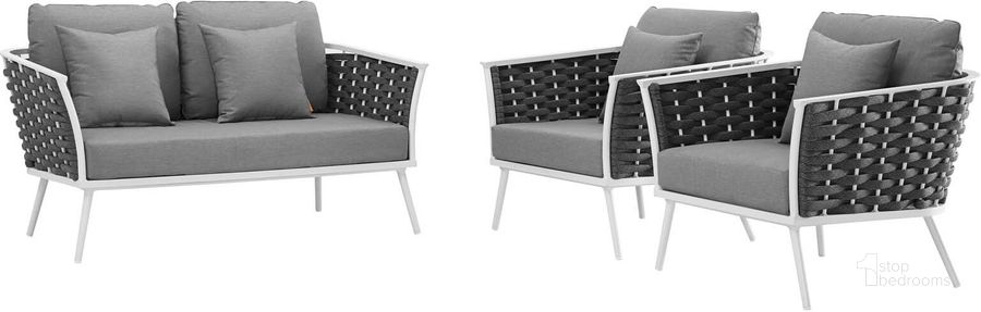 The appearance of Stance White and Gray 3 Piece Outdoor Patio Aluminum Sectional Sofa Set EEI-3170-WHI-GRY-SET designed by Modway in the modern / contemporary interior design. This white and gray piece of furniture  was selected by 1StopBedrooms from Stance Collection to add a touch of cosiness and style into your home. Sku: EEI-3170-WHI-GRY-SET. Product Type: Outdoor Sofa. Material: Foam. Image1