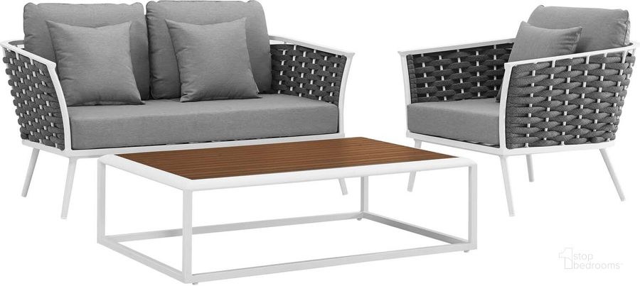 The appearance of Stance White and Gray 3 Piece Outdoor Patio Aluminum Sectional Sofa Set EEI-3171-WHI-GRY-SET designed by Modway in the modern / contemporary interior design. This white and gray piece of furniture  was selected by 1StopBedrooms from Stance Collection to add a touch of cosiness and style into your home. Sku: EEI-3171-WHI-GRY-SET. Product Type: Outdoor Sofa. Material: Foam. Image1
