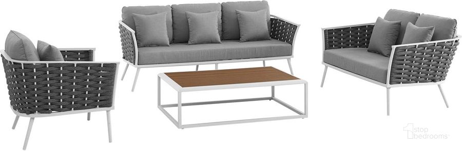 The appearance of Stance White and Gray 4 Piece Outdoor Patio Aluminum Sectional Sofa Set EEI-3161-WHI-GRY-SET designed by Modway in the modern / contemporary interior design. This white and gray piece of furniture  was selected by 1StopBedrooms from Stance Collection to add a touch of cosiness and style into your home. Sku: EEI-3161-WHI-GRY-SET. Product Type: Outdoor Sofa. Material: Foam. Image1
