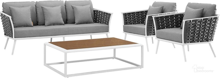 The appearance of Stance White and Gray 4 Piece Outdoor Patio Aluminum Sectional Sofa Set EEI-3167-WHI-GRY-SET designed by Modway in the modern / contemporary interior design. This white and gray piece of furniture  was selected by 1StopBedrooms from Stance Collection to add a touch of cosiness and style into your home. Sku: EEI-3167-WHI-GRY-SET. Product Type: Outdoor Sofa. Material: Foam. Image1
