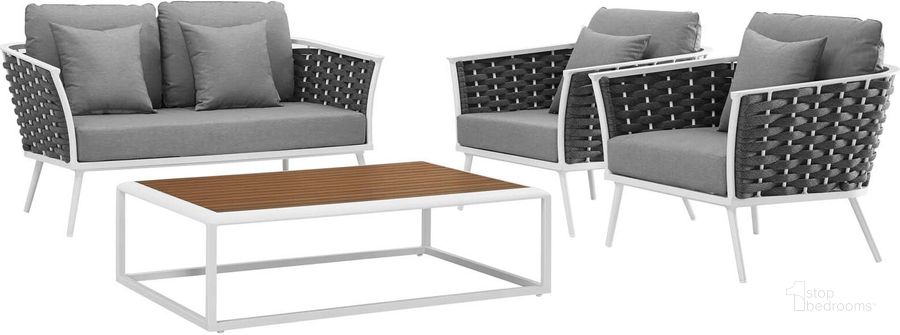 The appearance of Stance White and Gray 4 Piece Outdoor Patio Aluminum Sectional Sofa Set EEI-3172-WHI-GRY-SET designed by Modway in the modern / contemporary interior design. This white and gray piece of furniture  was selected by 1StopBedrooms from Stance Collection to add a touch of cosiness and style into your home. Sku: EEI-3172-WHI-GRY-SET. Product Type: Outdoor Sofa. Material: Foam. Image1