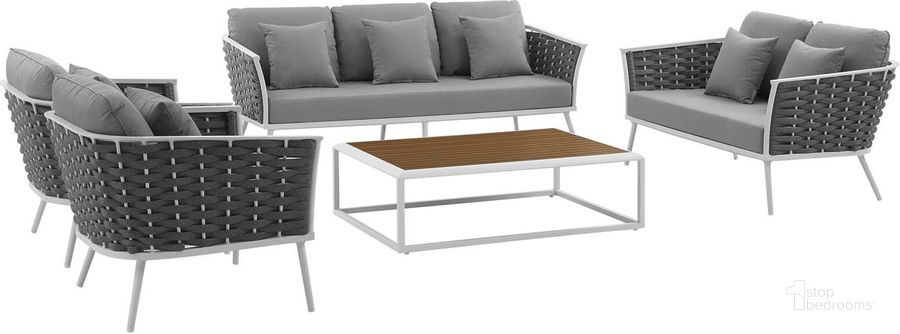 The appearance of Stance White and Gray 5 Piece Outdoor Patio Aluminum Sectional Sofa Set EEI-3187-WHI-GRY-SET designed by Modway in the modern / contemporary interior design. This white and gray piece of furniture  was selected by 1StopBedrooms from Stance Collection to add a touch of cosiness and style into your home. Sku: EEI-3187-WHI-GRY-SET. Product Type: Outdoor Sofa. Material: Foam. Image1