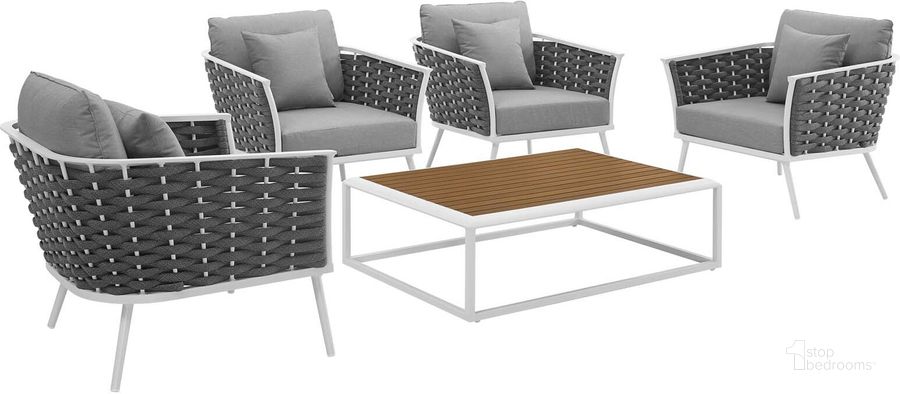 The appearance of Stance White and Gray 5 Piece Outdoor Patio Aluminum Sectional Sofa Set EEI-3321-WHI-GRY-SET designed by Modway in the modern / contemporary interior design. This white and gray piece of furniture  was selected by 1StopBedrooms from Stance Collection to add a touch of cosiness and style into your home. Sku: EEI-3321-WHI-GRY-SET. Product Type: Outdoor Sofa. Material: Foam. Image1