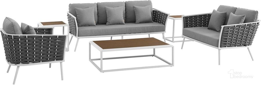 The appearance of Stance White and Gray 6 Piece Outdoor Patio Aluminum Sectional Sofa Set EEI-3159-WHI-GRY-SET designed by Modway in the modern / contemporary interior design. This white and gray piece of furniture  was selected by 1StopBedrooms from Stance Collection to add a touch of cosiness and style into your home. Sku: EEI-3159-WHI-GRY-SET. Product Type: Outdoor Sofa. Material: Foam. Image1