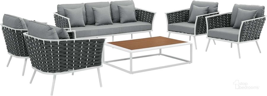 The appearance of Stance White and Gray 6 Piece Outdoor Patio Aluminum Sectional Sofa Set EEI-3168-WHI-GRY-SET designed by Modway in the modern / contemporary interior design. This white and gray piece of furniture  was selected by 1StopBedrooms from Stance Collection to add a touch of cosiness and style into your home. Sku: EEI-3168-WHI-GRY-SET. Product Type: Outdoor Sofa. Material: Foam. Image1
