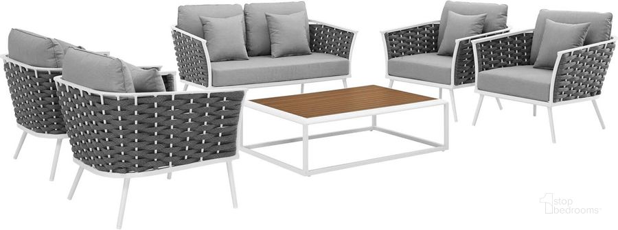 The appearance of Stance White and Gray 6 Piece Outdoor Patio Aluminum Sectional Sofa Set EEI-3173-WHI-GRY-SET designed by Modway in the modern / contemporary interior design. This white and gray piece of furniture  was selected by 1StopBedrooms from Stance Collection to add a touch of cosiness and style into your home. Sku: EEI-3173-WHI-GRY-SET. Product Type: Outdoor Sofa. Material: Foam. Image1