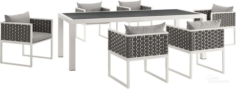 The appearance of Stance White and Gray 7 Piece Outdoor Patio Aluminum Dining Set designed by Modway in the modern / contemporary interior design. This white and gray piece of furniture  was selected by 1StopBedrooms from Stance Collection to add a touch of cosiness and style into your home. Sku: EEI-3185-WHI-GRY-SET. Table Base Style: Legs. Table Top Shape: Rectangular. Product Type: Outdoor Dining Set. Material: Foam. Image1