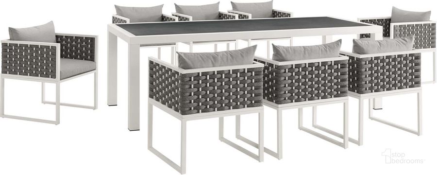 The appearance of Stance White and Gray 9 Piece Outdoor Patio Aluminum Dining Set designed by Modway in the modern / contemporary interior design. This white and gray piece of furniture  was selected by 1StopBedrooms from Stance Collection to add a touch of cosiness and style into your home. Sku: EEI-3186-WHI-GRY-SET. Table Base Style: Legs. Table Top Shape: Rectangular. Product Type: Outdoor Dining Set. Material: Foam. Image1