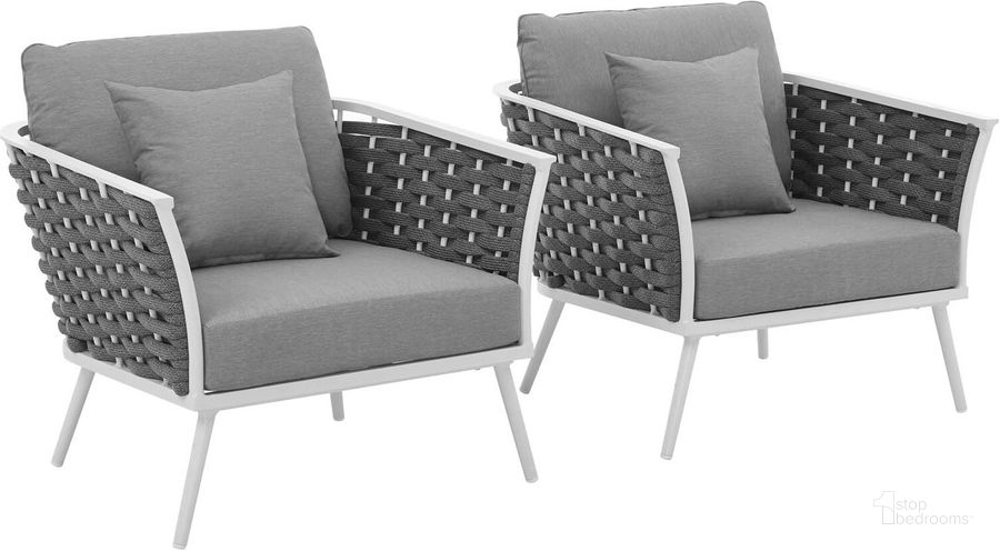 The appearance of Stance White and Gray Arm Chair Outdoor Patio Aluminum Set of 2 designed by Modway in the modern / contemporary interior design. This white and gray piece of furniture  was selected by 1StopBedrooms from Stance Collection to add a touch of cosiness and style into your home. Sku: EEI-3162-WHI-GRY-SET. Product Type: Outdoor Dining Chair. Material: Foam. Image1