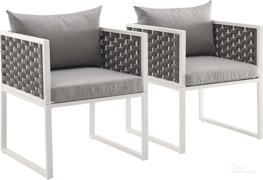 The appearance of Stance White and Gray Dining Arm Chair Outdoor Patio Aluminum Set of 2 designed by Modway in the modern / contemporary interior design. This white and gray piece of furniture  was selected by 1StopBedrooms from Stance Collection to add a touch of cosiness and style into your home. Sku: EEI-3183-WHI-GRY-SET. Material: Aluminum. Product Type: Outdoor Dining Chair. Image1