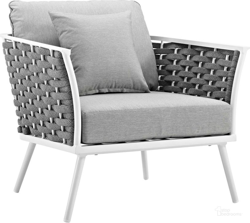 The appearance of Stance White and Gray Outdoor Patio Aluminum Arm Chair designed by Modway in the modern / contemporary interior design. This white and gray piece of furniture  was selected by 1StopBedrooms from Stance Collection to add a touch of cosiness and style into your home. Sku: EEI-3054-WHI-GRY. Product Type: Outdoor Dining Chair. Material: Foam. Image1