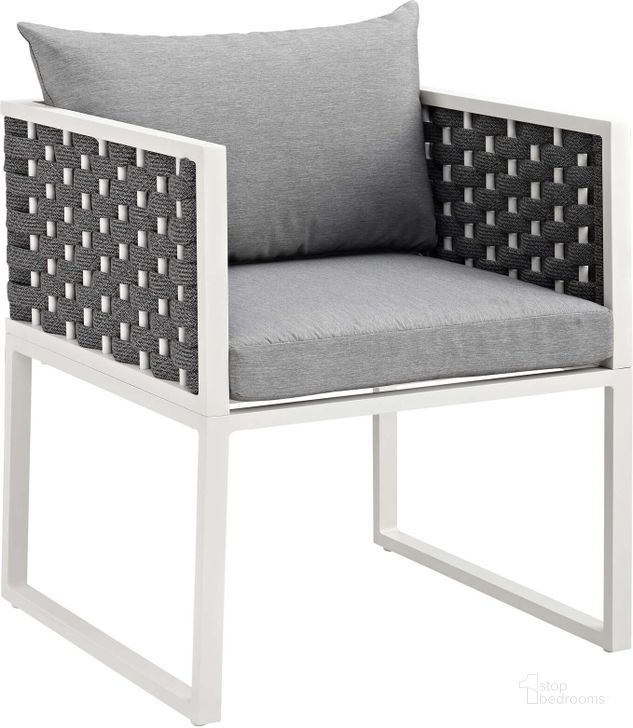 The appearance of Stance White and Gray Outdoor Patio Aluminum Dining Arm Chair designed by Modway in the modern / contemporary interior design. This white and gray piece of furniture  was selected by 1StopBedrooms from Stance Collection to add a touch of cosiness and style into your home. Sku: EEI-3053-WHI-GRY. Material: Aluminum. Product Type: Outdoor Dining Chair. Image1