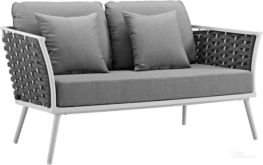 The appearance of Stance White and Gray Outdoor Patio Aluminum Loveseat designed by Modway in the modern / contemporary interior design. This white and gray piece of furniture  was selected by 1StopBedrooms from Stance Collection to add a touch of cosiness and style into your home. Sku: EEI-3019-WHI-GRY. Product Type: Outdoor Sofa & Loveseat. Material: Foam. Image1