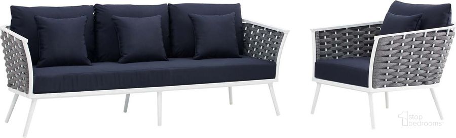 The appearance of Stance White Navy 2 Piece Outdoor Patio Aluminum Sectional Sofa Set EEI-3164-WHI-NAV-SET designed by Modway in the modern / contemporary interior design. This white navy piece of furniture  was selected by 1StopBedrooms from Stance Collection to add a touch of cosiness and style into your home. Sku: EEI-3164-WHI-NAV-SET. Product Type: Outdoor Sofa. Material: Foam. Image1