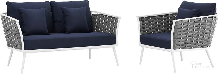 The appearance of Stance White Navy 2 Piece Outdoor Patio Aluminum Sectional Sofa Set EEI-3169-WHI-NAV-SET designed by Modway in the modern / contemporary interior design. This white navy piece of furniture  was selected by 1StopBedrooms from Stance Collection to add a touch of cosiness and style into your home. Sku: EEI-3169-WHI-NAV-SET. Product Type: Outdoor Sofa. Material: Foam. Image1