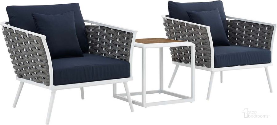 The appearance of Stance White Navy 3 Piece Outdoor Patio Aluminum Sectional Sofa Set EEI-3163-WHI-NAV-SET designed by Modway in the modern / contemporary interior design. This white navy piece of furniture  was selected by 1StopBedrooms from Stance Collection to add a touch of cosiness and style into your home. Sku: EEI-3163-WHI-NAV-SET. Product Type: Outdoor Sofa. Material: Foam. Image1