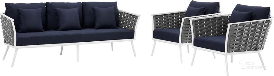 The appearance of Stance White Navy 3 Piece Outdoor Patio Aluminum Sectional Sofa Set EEI-3165-WHI-NAV-SET designed by Modway in the modern / contemporary interior design. This white navy piece of furniture  was selected by 1StopBedrooms from Stance Collection to add a touch of cosiness and style into your home. Sku: EEI-3165-WHI-NAV-SET. Product Type: Outdoor Sofa. Material: Foam. Image1