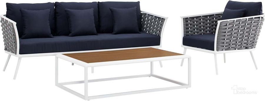 The appearance of Stance White Navy 3 Piece Outdoor Patio Aluminum Sectional Sofa Set EEI-3166-WHI-NAV-SET designed by Modway in the modern / contemporary interior design. This white navy piece of furniture  was selected by 1StopBedrooms from Stance Collection to add a touch of cosiness and style into your home. Sku: EEI-3166-WHI-NAV-SET. Product Type: Outdoor Sofa. Material: Foam. Image1