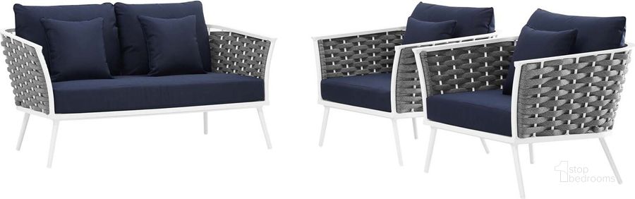 The appearance of Stance White Navy 3 Piece Outdoor Patio Aluminum Sectional Sofa Set EEI-3170-WHI-NAV-SET designed by Modway in the modern / contemporary interior design. This white navy piece of furniture  was selected by 1StopBedrooms from Stance Collection to add a touch of cosiness and style into your home. Sku: EEI-3170-WHI-NAV-SET. Product Type: Outdoor Sofa. Material: Foam. Image1