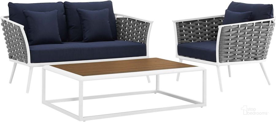 The appearance of Stance White Navy 3 Piece Outdoor Patio Aluminum Sectional Sofa Set EEI-3171-WHI-NAV-SET designed by Modway in the modern / contemporary interior design. This white navy piece of furniture  was selected by 1StopBedrooms from Stance Collection to add a touch of cosiness and style into your home. Sku: EEI-3171-WHI-NAV-SET. Product Type: Outdoor Sofa. Material: Foam. Image1