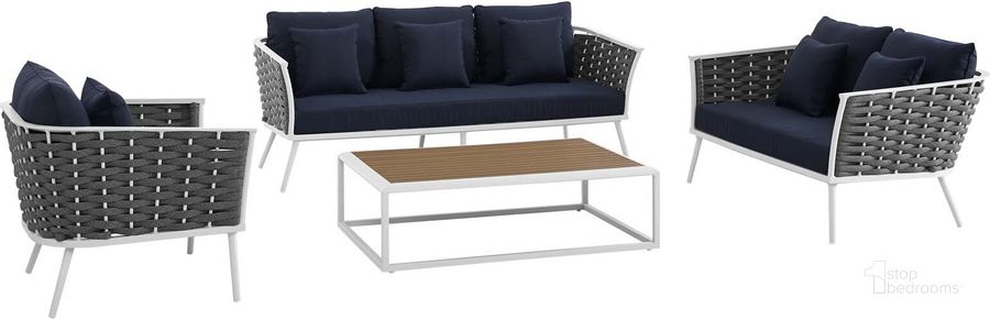 The appearance of Stance White Navy 4 Piece Outdoor Patio Aluminum Sectional Sofa Set EEI-3161-WHI-NAV-SET designed by Modway in the modern / contemporary interior design. This white navy piece of furniture  was selected by 1StopBedrooms from Stance Collection to add a touch of cosiness and style into your home. Sku: EEI-3161-WHI-NAV-SET. Product Type: Outdoor Sofa. Material: Foam. Image1