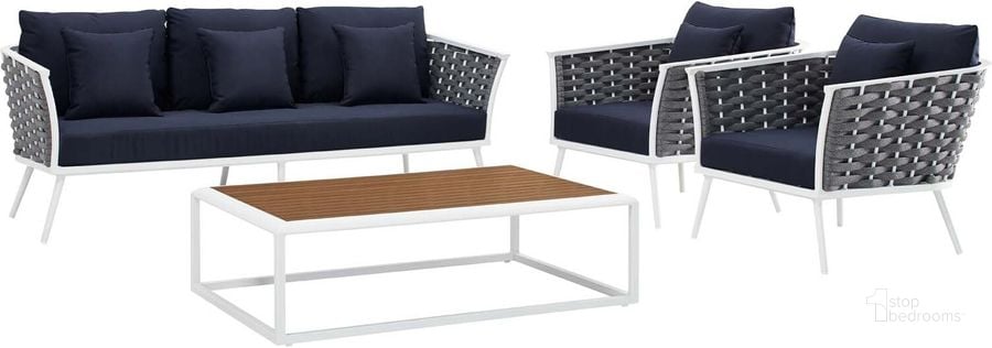 The appearance of Stance White Navy 4 Piece Outdoor Patio Aluminum Sectional Sofa Set EEI-3167-WHI-NAV-SET designed by Modway in the modern / contemporary interior design. This white navy piece of furniture  was selected by 1StopBedrooms from Stance Collection to add a touch of cosiness and style into your home. Sku: EEI-3167-WHI-NAV-SET. Product Type: Outdoor Sofa. Material: Foam. Image1
