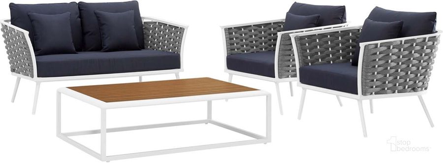 The appearance of Stance White Navy 4 Piece Outdoor Patio Aluminum Sectional Sofa Set EEI-3172-WHI-NAV-SET designed by Modway in the modern / contemporary interior design. This white navy piece of furniture  was selected by 1StopBedrooms from Stance Collection to add a touch of cosiness and style into your home. Sku: EEI-3172-WHI-NAV-SET. Product Type: Outdoor Sofa. Material: Foam. Image1