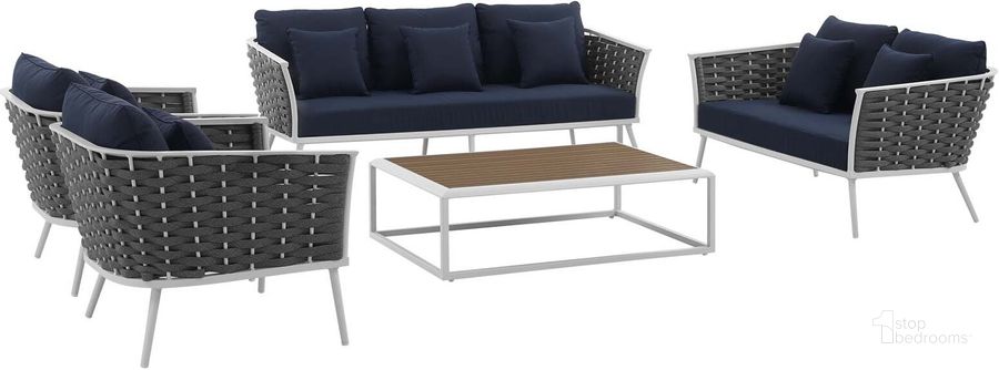 The appearance of Stance White Navy 5 Piece Outdoor Patio Aluminum Sectional Sofa Set EEI-3187-WHI-NAV-SET designed by Modway in the modern / contemporary interior design. This white navy piece of furniture  was selected by 1StopBedrooms from Stance Collection to add a touch of cosiness and style into your home. Sku: EEI-3187-WHI-NAV-SET. Product Type: Outdoor Sofa. Material: Foam. Image1