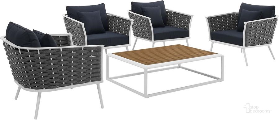 The appearance of Stance White Navy 5 Piece Outdoor Patio Aluminum Sectional Sofa Set EEI-3321-WHI-NAV-SET designed by Modway in the modern / contemporary interior design. This white navy piece of furniture  was selected by 1StopBedrooms from Stance Collection to add a touch of cosiness and style into your home. Sku: EEI-3321-WHI-NAV-SET. Product Type: Outdoor Sofa. Material: Foam. Image1