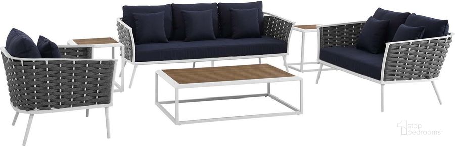 The appearance of Stance White Navy 6 Piece Outdoor Patio Aluminum Sectional Sofa Set EEI-3159-WHI-NAV-SET designed by Modway in the modern / contemporary interior design. This white navy piece of furniture  was selected by 1StopBedrooms from Stance Collection to add a touch of cosiness and style into your home. Sku: EEI-3159-WHI-NAV-SET. Product Type: Outdoor Sofa. Material: Foam. Image1