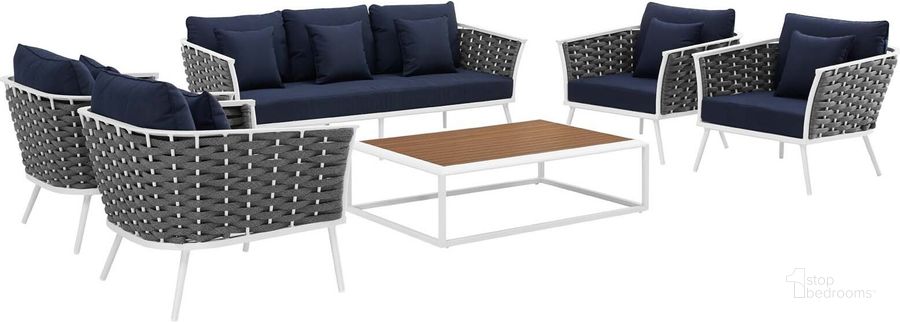 The appearance of Stance White Navy 6 Piece Outdoor Patio Aluminum Sectional Sofa Set EEI-3168-WHI-NAV-SET designed by Modway in the modern / contemporary interior design. This white navy piece of furniture  was selected by 1StopBedrooms from Stance Collection to add a touch of cosiness and style into your home. Sku: EEI-3168-WHI-NAV-SET. Product Type: Outdoor Sofa. Material: Foam. Image1
