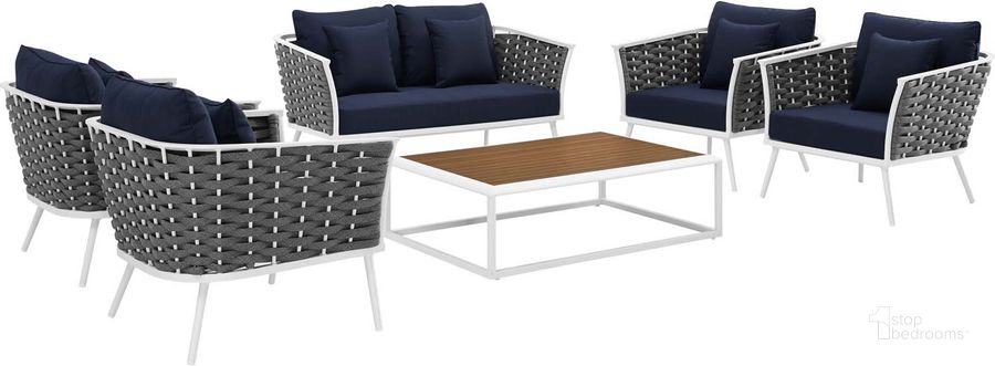 The appearance of Stance White Navy 6 Piece Outdoor Patio Aluminum Sectional Sofa Set EEI-3173-WHI-NAV-SET designed by Modway in the modern / contemporary interior design. This white navy piece of furniture  was selected by 1StopBedrooms from Stance Collection to add a touch of cosiness and style into your home. Sku: EEI-3173-WHI-NAV-SET. Product Type: Outdoor Sofa. Material: Foam. Image1