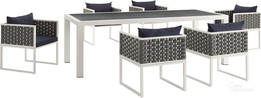 The appearance of Stance White Navy 7 Piece Outdoor Patio Aluminum Dining Set designed by Modway in the modern / contemporary interior design. This white navy piece of furniture  was selected by 1StopBedrooms from Stance Collection to add a touch of cosiness and style into your home. Sku: EEI-3185-WHI-NAV-SET. Table Base Style: Legs. Table Top Shape: Rectangular. Product Type: Outdoor Dining Set. Material: Foam. Image1