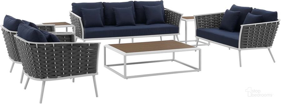 The appearance of Stance White Navy 7 Piece Outdoor Patio Aluminum Sectional Sofa Set designed by Modway in the modern / contemporary interior design. This white navy piece of furniture  was selected by 1StopBedrooms from Stance Collection to add a touch of cosiness and style into your home. Sku: EEI-3160-WHI-NAV-SET. Product Type: Outdoor Sofa. Material: Foam. Image1