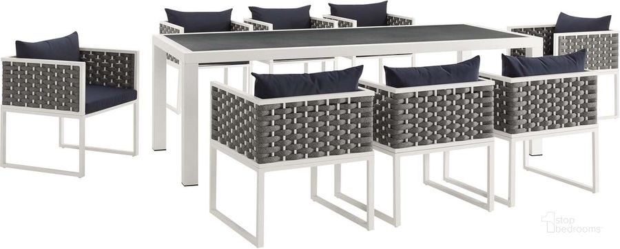 The appearance of Stance White Navy 9 Piece Outdoor Patio Aluminum Dining Set designed by Modway in the modern / contemporary interior design. This white navy piece of furniture  was selected by 1StopBedrooms from Stance Collection to add a touch of cosiness and style into your home. Sku: EEI-3186-WHI-NAV-SET. Table Base Style: Legs. Table Top Shape: Rectangular. Product Type: Outdoor Dining Set. Material: Foam. Image1