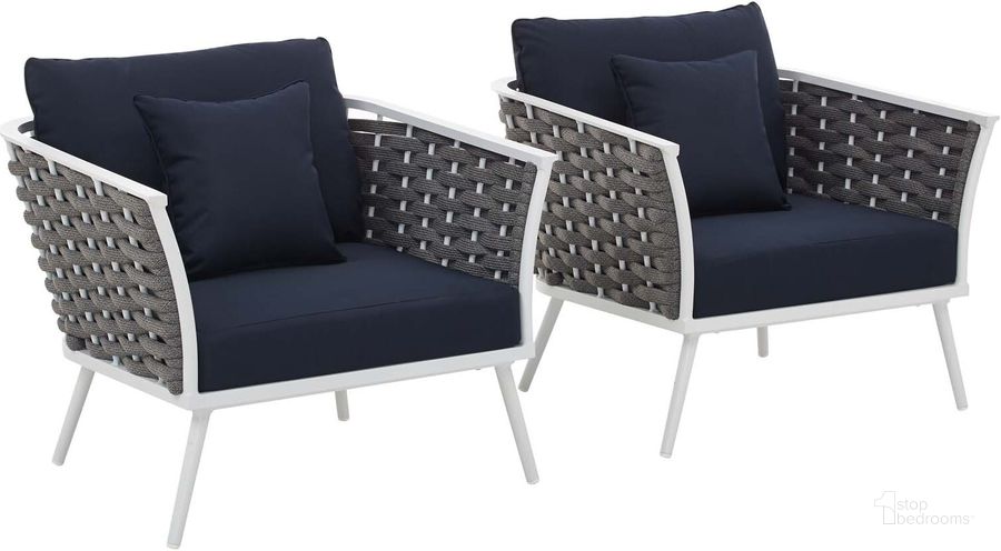 The appearance of Stance White Navy Arm Chair Outdoor Patio Aluminum Set of 2 designed by Modway in the modern / contemporary interior design. This white navy piece of furniture  was selected by 1StopBedrooms from Stance Collection to add a touch of cosiness and style into your home. Sku: EEI-3162-WHI-NAV-SET. Product Type: Outdoor Dining Chair. Material: Foam. Image1