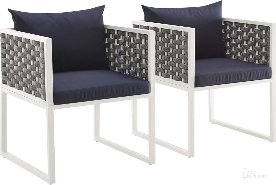 The appearance of Stance White Navy Dining Arm Chair Outdoor Patio Aluminum Set of 2 designed by Modway in the modern / contemporary interior design. This white navy piece of furniture  was selected by 1StopBedrooms from Stance Collection to add a touch of cosiness and style into your home. Sku: EEI-3183-WHI-NAV-SET. Material: Aluminum. Product Type: Outdoor Dining Chair. Image1