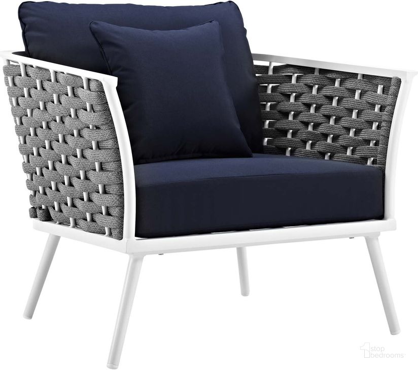The appearance of Stance White Navy Outdoor Patio Aluminum Arm Chair designed by Modway in the modern / contemporary interior design. This white navy piece of furniture  was selected by 1StopBedrooms from Stance Collection to add a touch of cosiness and style into your home. Sku: EEI-3054-WHI-NAV. Product Type: Outdoor Dining Chair. Material: Foam. Image1