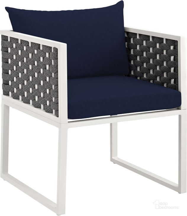 The appearance of Stance White Navy Outdoor Patio Aluminum Dining Arm Chair designed by Modway in the modern / contemporary interior design. This white navy piece of furniture  was selected by 1StopBedrooms from Stance Collection to add a touch of cosiness and style into your home. Sku: EEI-3053-WHI-NAV. Material: Aluminum. Product Type: Outdoor Dining Chair. Image1