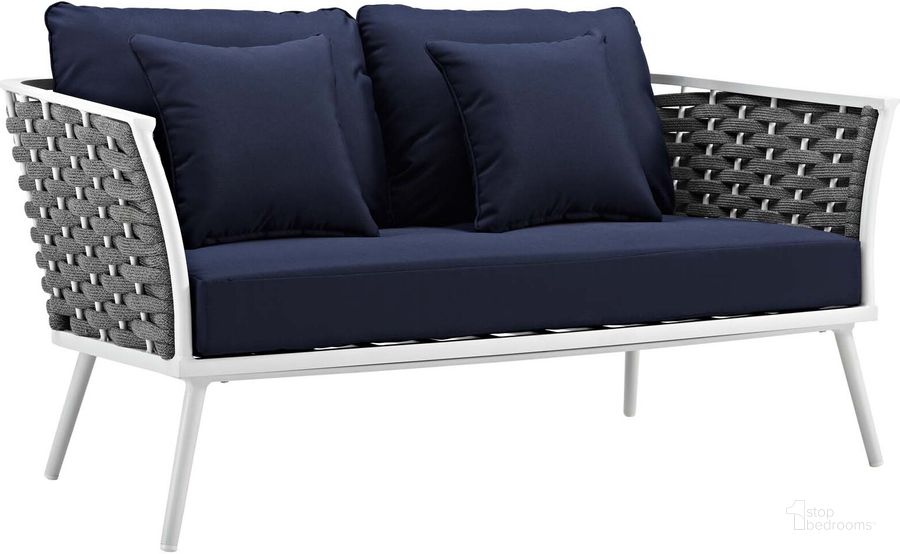 The appearance of Stance White Navy Outdoor Patio Aluminum Loveseat designed by Modway in the modern / contemporary interior design. This white navy piece of furniture  was selected by 1StopBedrooms from Stance Collection to add a touch of cosiness and style into your home. Sku: EEI-3019-WHI-NAV. Product Type: Outdoor Sofa & Loveseat. Material: Foam. Image1