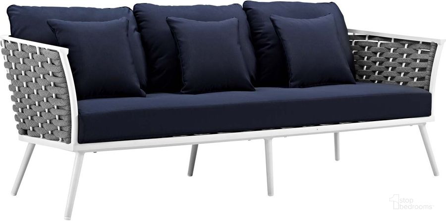 The appearance of Stance White Navy Outdoor Patio Aluminum Sofa designed by Modway in the modern / contemporary interior design. This white navy piece of furniture  was selected by 1StopBedrooms from Stance Collection to add a touch of cosiness and style into your home. Sku: EEI-3020-WHI-NAV. Material: Aluminum. Product Type: Outdoor Sofa & Loveseat. Image1