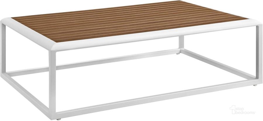 The appearance of Stance White Outdoor Patio Aluminum Coffee Table designed by Modway in the modern / contemporary interior design. This white piece of furniture  was selected by 1StopBedrooms from Stance Collection to add a touch of cosiness and style into your home. Sku: EEI-3021-WHI-NAT. Material: Aluminum. Product Type: Outdoor Table. Image1